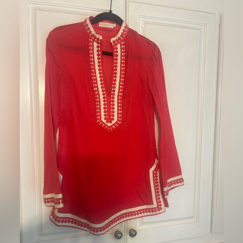 Tory Burch Red and White Embroidered Tunic